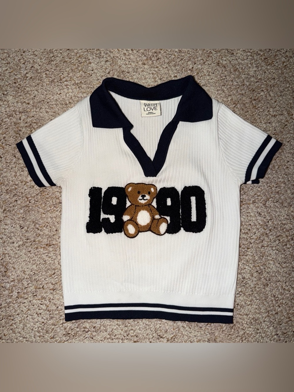 White & Navy Teddy Bear Knit Polo Top